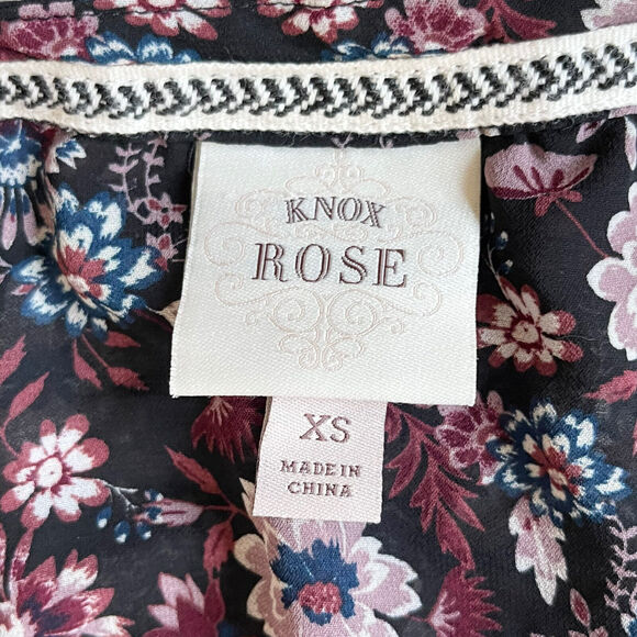 Knox Rose Sheer Blouse Women Size XS‎ Multicolor Floral Smocked Button Front - Picture 10 of 14